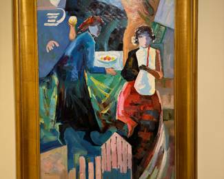 Framed Original Oil on Canvas Abstract Cubist Street Scene Signed Tinothy