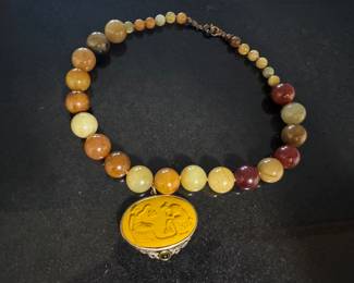 Vintage Jade Necklace with Pendant signed Extasia Minerva of Greek Goddess Scene Pendant
