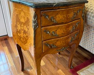 Louis XV Style 3 Drawer Side table with Inlay & Emerald Green Marble Top (24"W x 13-1/2"D x 31"H / 2 Available)