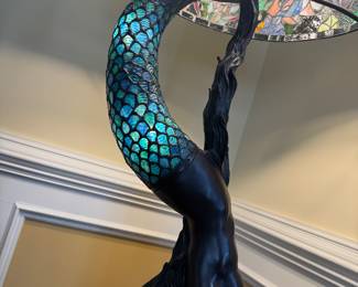 Large Illuminating Tiffany Style Bronze Floor Lamp of Mermaid Kissing a Dolphin (80"H x 28" Shade Diameter)