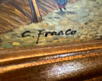 Framed Original Oil on Canvas Colonial Street Scene Signed C. Franco (18"W x 20"H)