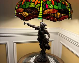 Bronze Trumpet Woman Tiffany Style Lamp Signed Louis Moreau (25"H x 25" Dia / 2 Available)