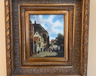 Framed Original Oil on Canvas Colonial Street Scene Signed C. Franco (18"W x 20"H)