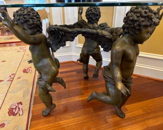 Bronze 3 Cherub Base with Round Glass Top Entrance Table (42"Dia x 30"H)