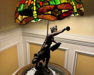 Bronze Trumpet Woman Tiffany Style Lamp Signed Louis Moreau (25"H x 25" Dia / 2 Available)