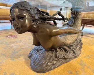 Auguste Moreau Style Bronze Mermaid Oval Glass Top Coffee Table (68"W x 30"W x 25"H)