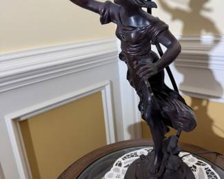 Bronze Trumpet Woman Tiffany Style Lamp Signed Louis Moreau (25"H x 25" Dia / 2 Available)