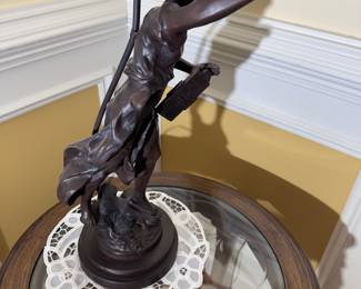 Bronze Trumpet Woman Tiffany Style Lamp Signed Louis Moreau (25"H x 25" Dia / 2 Available)