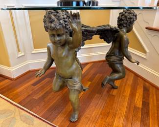 Bronze 3 Cherub Base with Round Glass Top Entrance Table (42"Dia x 30"H)