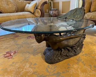 Auguste Moreau Style Bronze Mermaid Oval Glass Top Coffee Table (68"W x 30"W x 25"H)