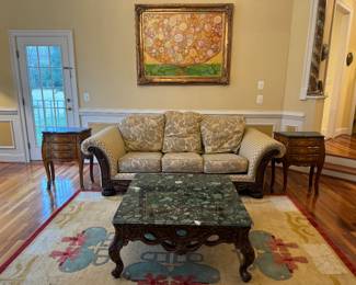 Chippendale Style Marble Topped Square Cocktail Table (40"W x 40"D x 18-1/2"H) & Louis XV Style 3 Drawer Side table with Inlay & Emerald Green Marble Top (24"W x 13-1/2"D x 31"H / 2 Available)