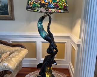 Large Illuminating Tiffany Style Bronze Floor Lamp of Mermaid Kissing a Dolphin (80"H x 28" Shade Diameter)