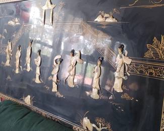 Beautiful Oriental black lacquered art mother of pearl inlay and soapstone