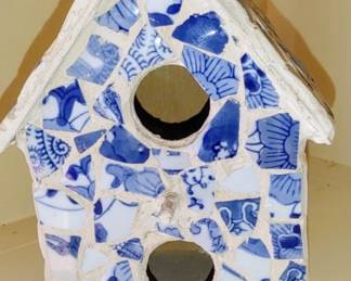 Blue and white Mosaic birdhouse handmade