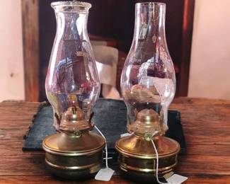 Beautiful pair of kerosene brass lamps with chimneys