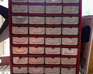 Vintage Red Metal Parts Drawer Hardware Bin with 32 Drawers in Silver front drawers (c.1950s) all original paint