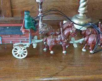 Vintage Cast Iron 4 Clydesdale Horse Drawn Wagon w/ 2 Drivers