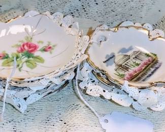 2 sets of small china ashtrays one set is Floral- the other set is Scenic sites of Washington DC. I left them as they were. Someone cared enough to put paper doilies in between each ashtray.