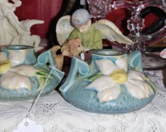 1940's ROSEVILLE POTTERY USA #1153 PEONY CANDLESTICK PAIR 2.5"