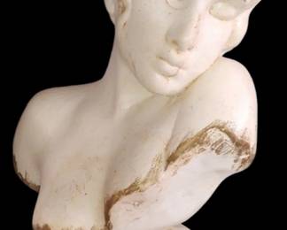 The image shows a ceramic copy bust sculpture by French artist Emmanuel Villanis (1858-1914), likely depicting Sappho. Villanis was known for his Art Nouveau female busts, often based on literary or mythological figures.