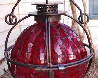 Beautiful red Mosaic candle lantern with cage and chimney footed with handle