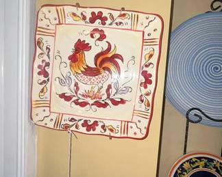 Maxcera Red Yellow Rooster Hand Painted Square Plate