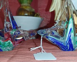 Vintage pair of hand blown art basket vases with original tag