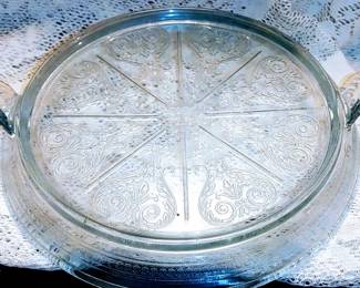 Vintage sapphire blue fire King hot plate trivet with two glass handles