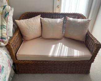 RATTAN LOVESEAT ... ALSO TWO RATTAN CHAIRS AND OTTOMAN AVAILABLE