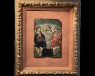ANTIQUE HAND PAINTED RETABLO ON TIN, CUSTOM FRAMED