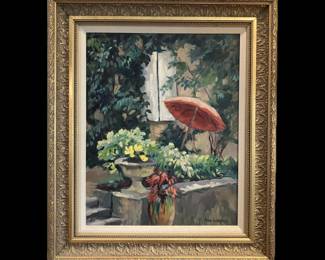 ANN WARNER, AMERICAN, LOUISIANA, OIL ON CANVAS, "ACADEMY PATIO UMBRELLA, FRENCH SERIES", 1995, 27 HIGH BY 23 WIDE OUTSIDE SIZE