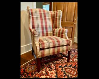 PLAID WING BACKED CHAIR, 20TH CENTURY, 43 HIGH BY 29 WIDE BY 32 DEEP