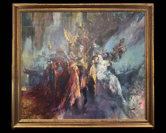 MICHEL GUYON, FRANCE, BORN 1947, OIL ON CANVAS, MARDI GRAS IN VENICE, ITALY, CUSTOM FRAMED, 44 HIGH BY 50 WIDE