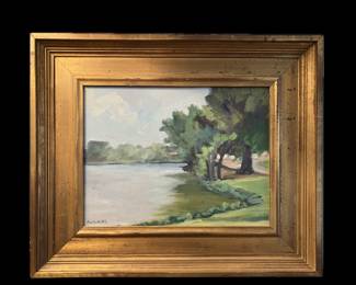 ANN WARNER, AMERICAN, LOUISIANA, 20TH CENTURY, OIL ON BOARD, “UNIVERSITY LAKE, II”, 1999, 14 HIGH BY 17 WIDE