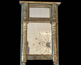 PETIT GOLD LEAFED AND CASEIN PAINTED MIRROR, 20 HIGH BY 12 WIDE