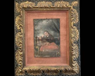 ANTIQUE HAND PAINTED RETABLO ON TIN, CUSTOM FRAMED
