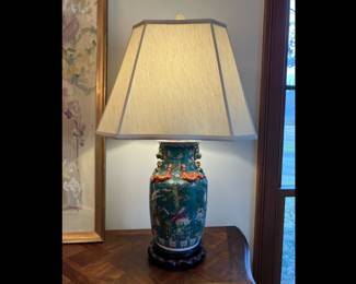 HAND PAINTED GINGER JAR LAMPS WITH SILK SHADES 30 INCHES HIGH BY 19 INCH SQUARE SHADE