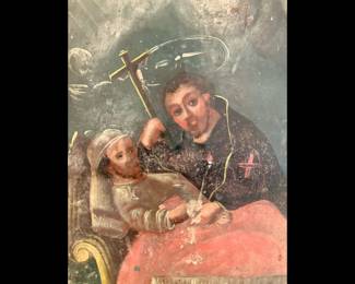 ANTIQUE HAND PAINTED RETABLO ON TIN, CUSTOM FRAMED