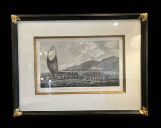 20th century reproduction of Tereoboo, King of Owyhee (now known as Hawaii), bringing gifts to Captain James Cook. The engraving, created by B.T. Pouncy in 1784 after a drawing by John Webber. Custom finished corner gold leafed frame, 19 high by 25 wide