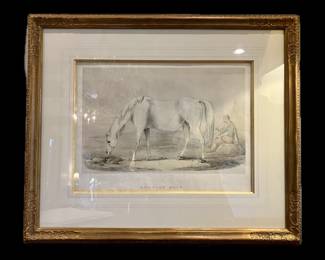 Hand Colored Lithograph titled "Arabian Mare" from a series called "Portraits of Brood Mares Belonging to the Royal Stud at Hampton Court" by W. C., created in London in 1837, gold leafed finished corner frame
