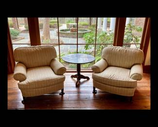 PAIR OF UPHOLSTERED CLUB CHAIRS, 35 HIGH BY39 WIDE BY 39 DEEP, PEDESTAL TABLE 24 1/2 HIGH BY 31 1/2 IN DIAMETER