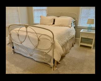 QUEEN SIZE IRON BED, COMPLETE WITH MATTRESS AND BOX SPRING, 60 WIDE BY 51 HIGH BY 84 DEEP