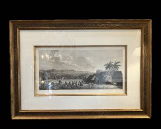 20th century reproduction of "An Inland View, in Atooi" by John Webber, from Captain James Cook's third voyage in 1778. It depicts a scene on the Hawaiian island of Kauai, then known as Atooi, Custom framed, 21 high by 30 wide