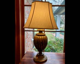 GOLD LEAFED LAMP WITH SILK SHADE, 35 HIGH BY 19 INCH SQUARE SHADE 