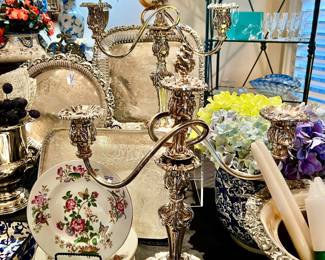Reed & Barton stand-out silver candelabras. Wedgwood "Charnwood" dessert or luncheon plates.