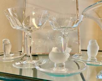 Waterford stems, Lalique bird trinket holder
