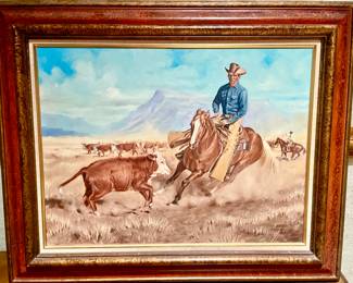 Oil painting by Harold Holden, Cowboy chasing a steer.