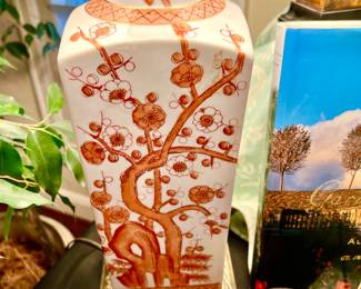 Orange and white cherry blossom Chinoiserie lamp. Notice the brass detailed base.