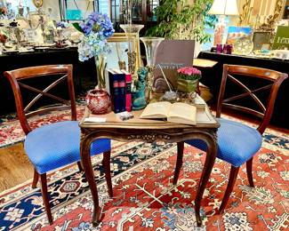 Vintage French Country game table with leather top and 2 side chairs. Love it!