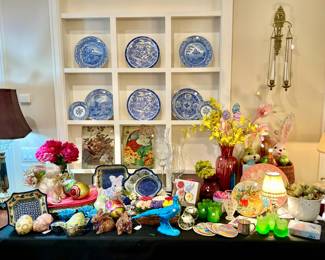 Easter Table with Polish Pottery, Bunnies, Spode Blue & White, and upscale spring decor.